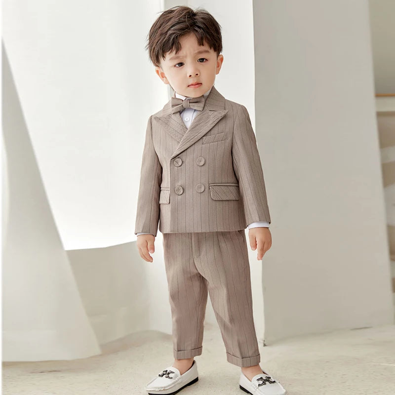 Boys Spring Summer Khaki Striped Suit Set Baby Child Birthday Party Wedding Photography Costume Kids Blazer Vest Pants Clothes