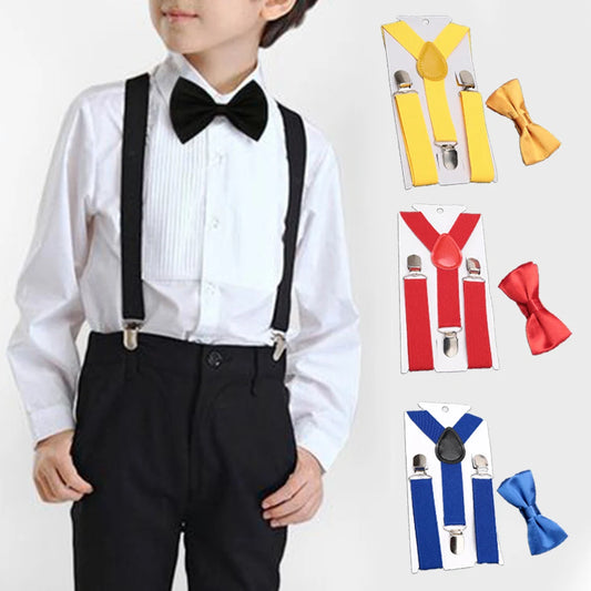 Kids Suspenders Bow Tie Set Boy Girl Retro Adjustable Suspenders Children Baby Braces Clip-on Trousers Wedding Ties Accessories