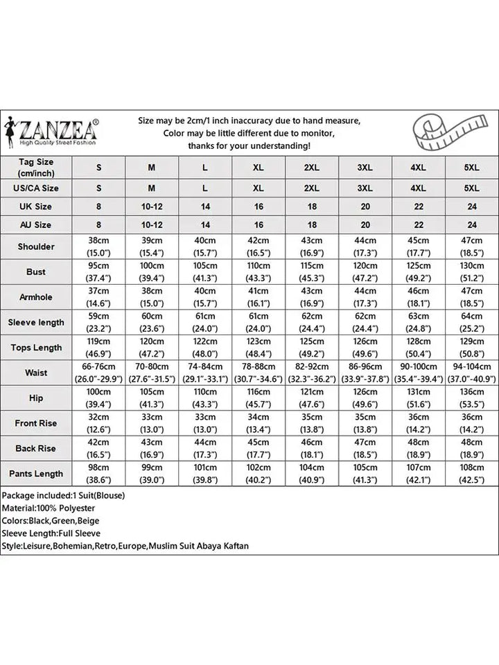 Autumn Printed Muslim Sets Women Long Tops & Wide Leg Pants ZANZEA Casual Loose Matching Sets Turkey Dubai Outifits Abaya Suit