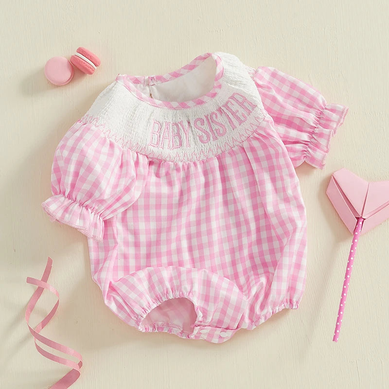Infant Girl s Short Sleeve Romper with Embroidered Floral Detail and Ruffled Hemline Round Neck Summer Jumpsuit in Plaid