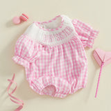 Infant Girl s Short Sleeve Romper with Embroidered Floral Detail and Ruffled Hemline Round Neck Summer Jumpsuit in Plaid