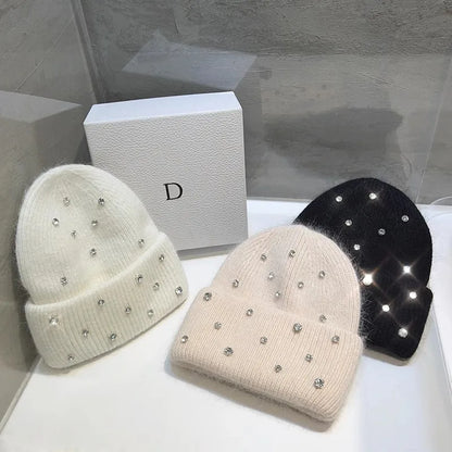 Luxury Rhinestone Winter Hats for Womem Elegant Fashion Designer Angola Warm Beanies Soft  Solid Adult Cover Head Cap