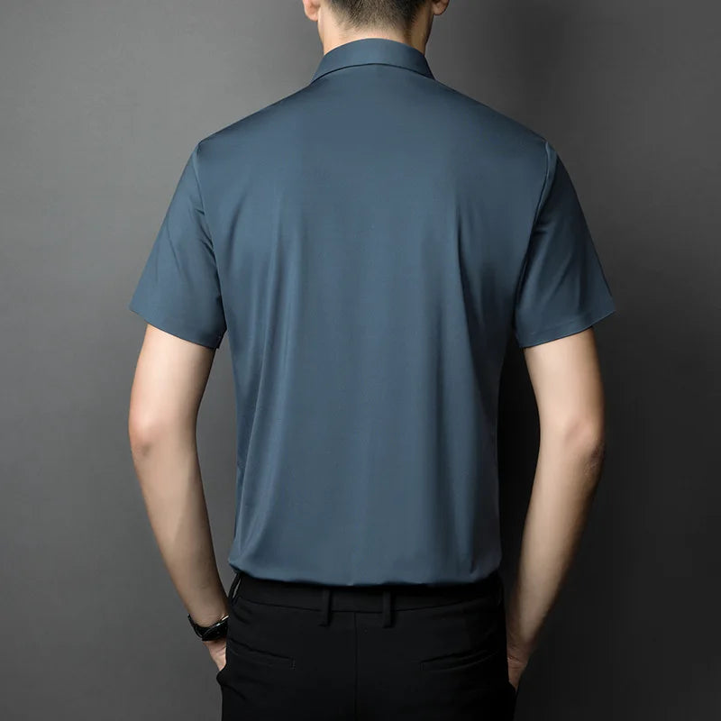 Men's short-sleeved shirt high stretch seamless ice silk non-ironing