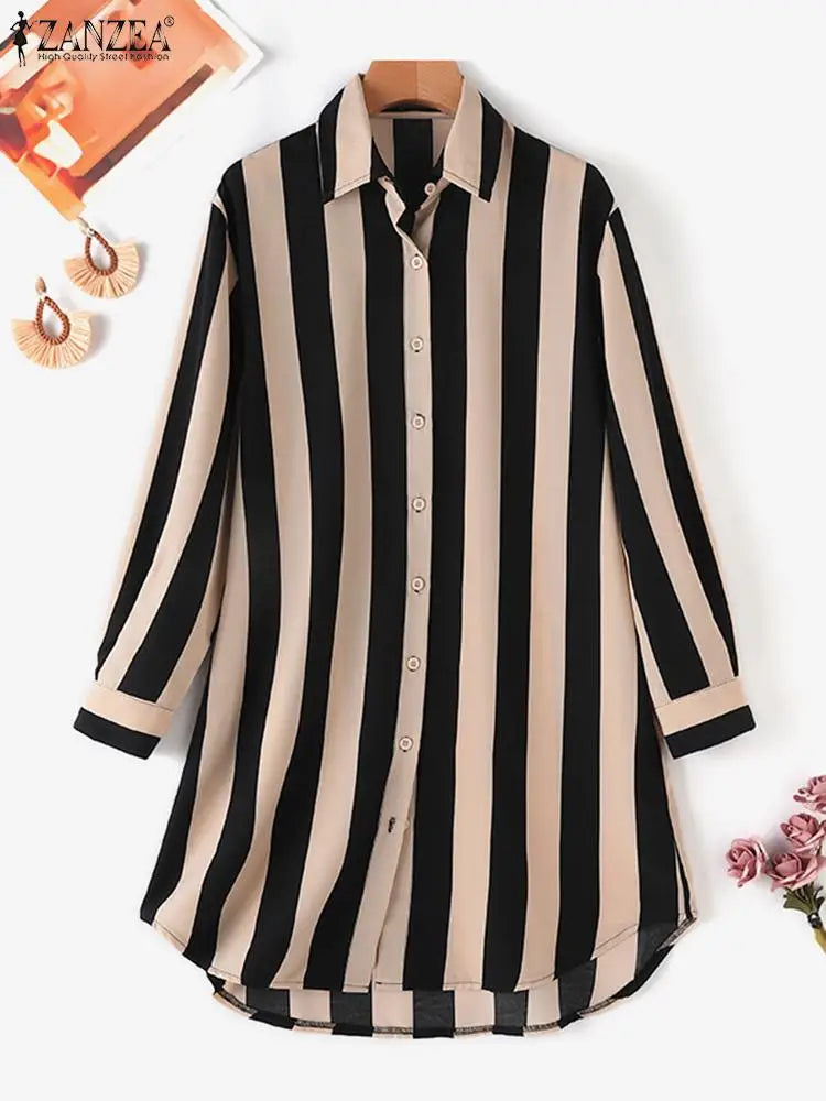 Muslim Blouse Women Stylish Long Shirts Long Sleeve Casual Striped Tops Turkey Abaya Kaftan Loose Busas Islamic Clothing