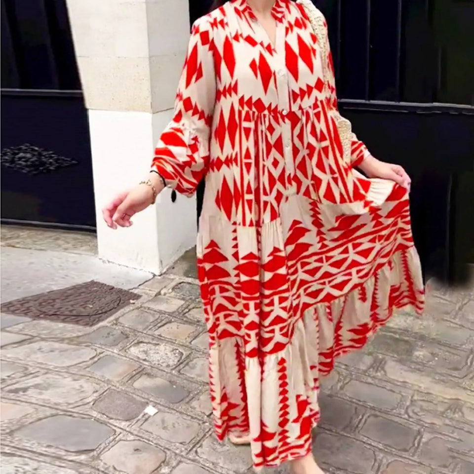 Summer Shirt Dresses Women Long Sleeve Pleated Boho Print Long Dress Robe Ladies Fashion Vintage Beach Maxi Dresses Vestidos