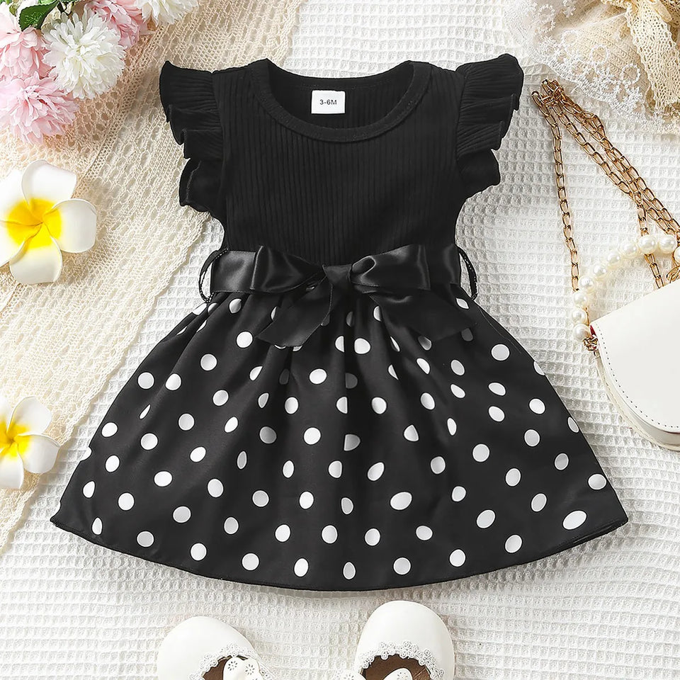 Baby Girl Butterfly and Plant Polka Dot Print Ruffle Sleeve Belt Dress + Ribbon