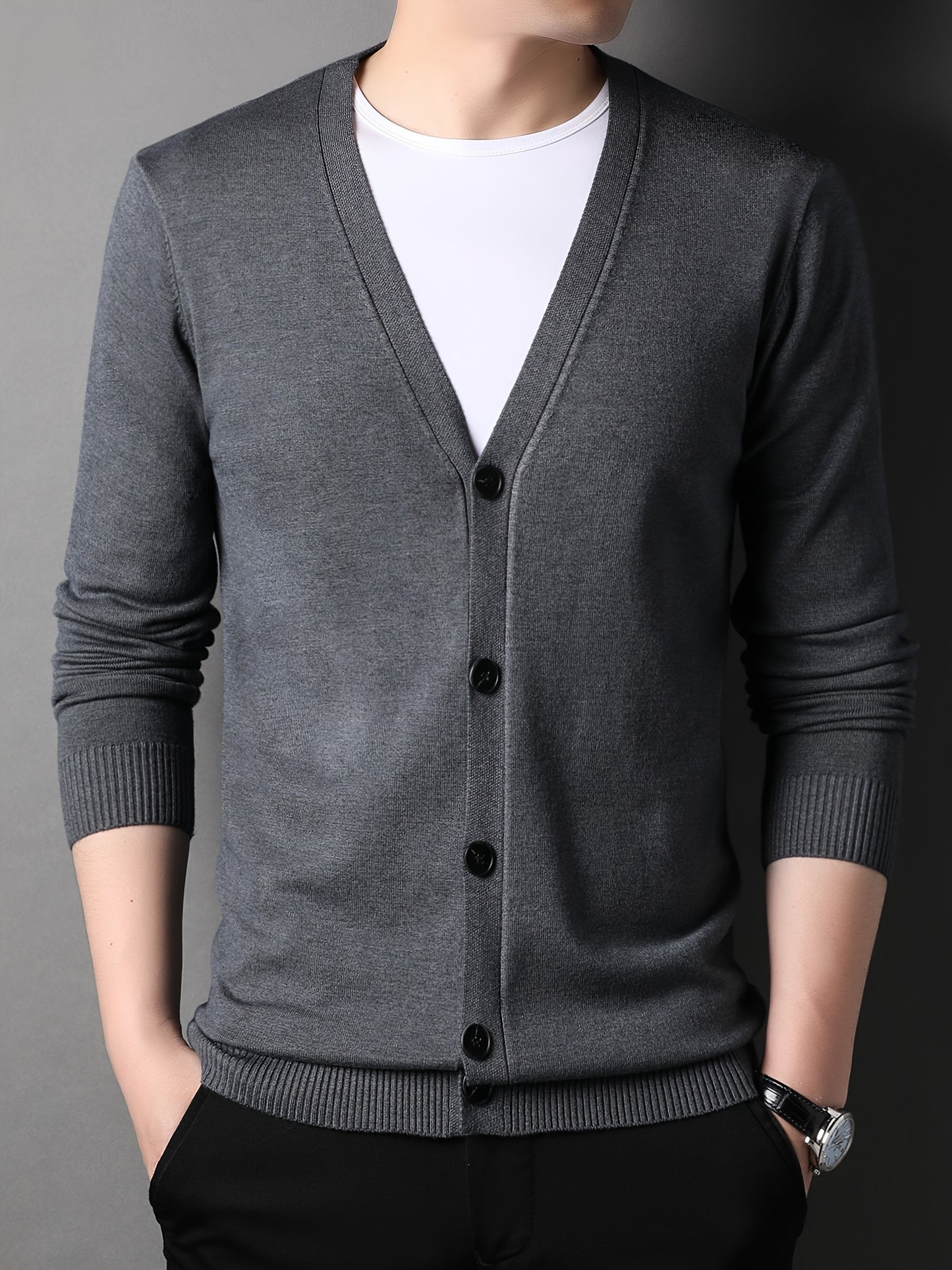 Men's Casual Knit Cardigan - Solid Color, Button-Up V-Neck Jacket For Fall/Winter, Machine Washable