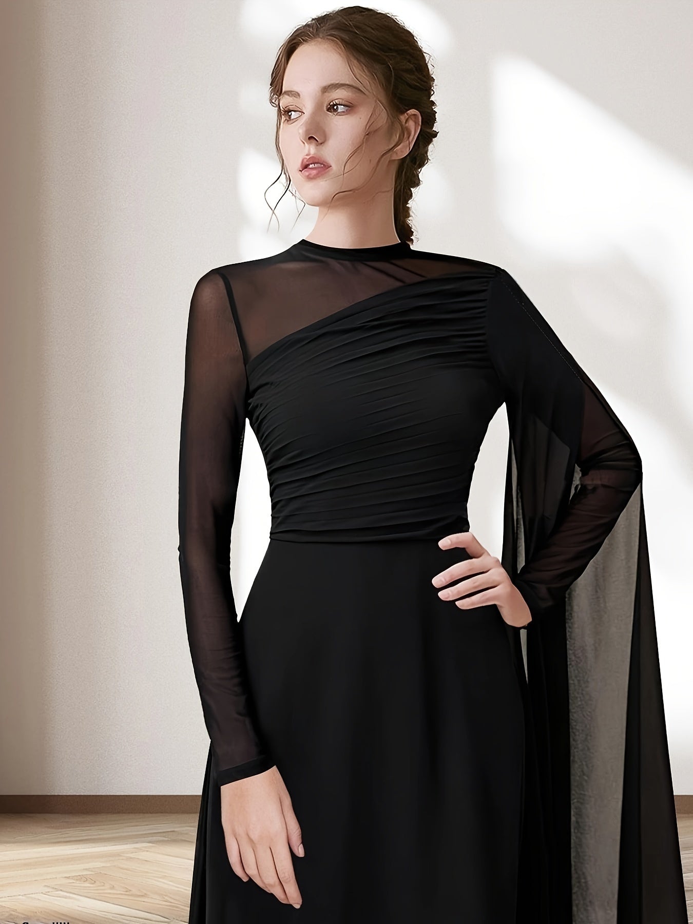 Ruched Asymmetrical Crew Neck Swing Dress, Elegant Long Sleeve