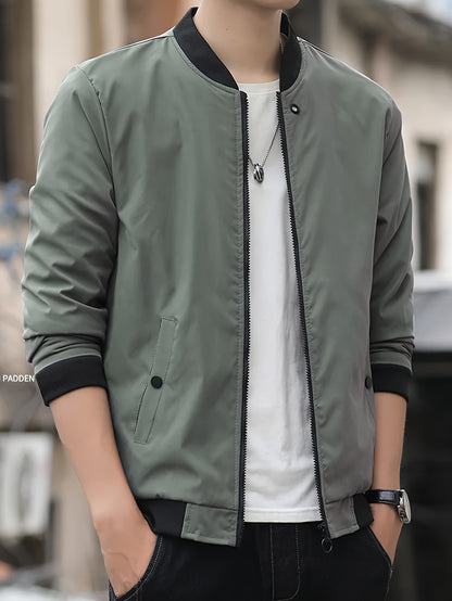 Men's Solid Band Collar Jacket For Spring Fall, Business Stylish Outwear For Work Day