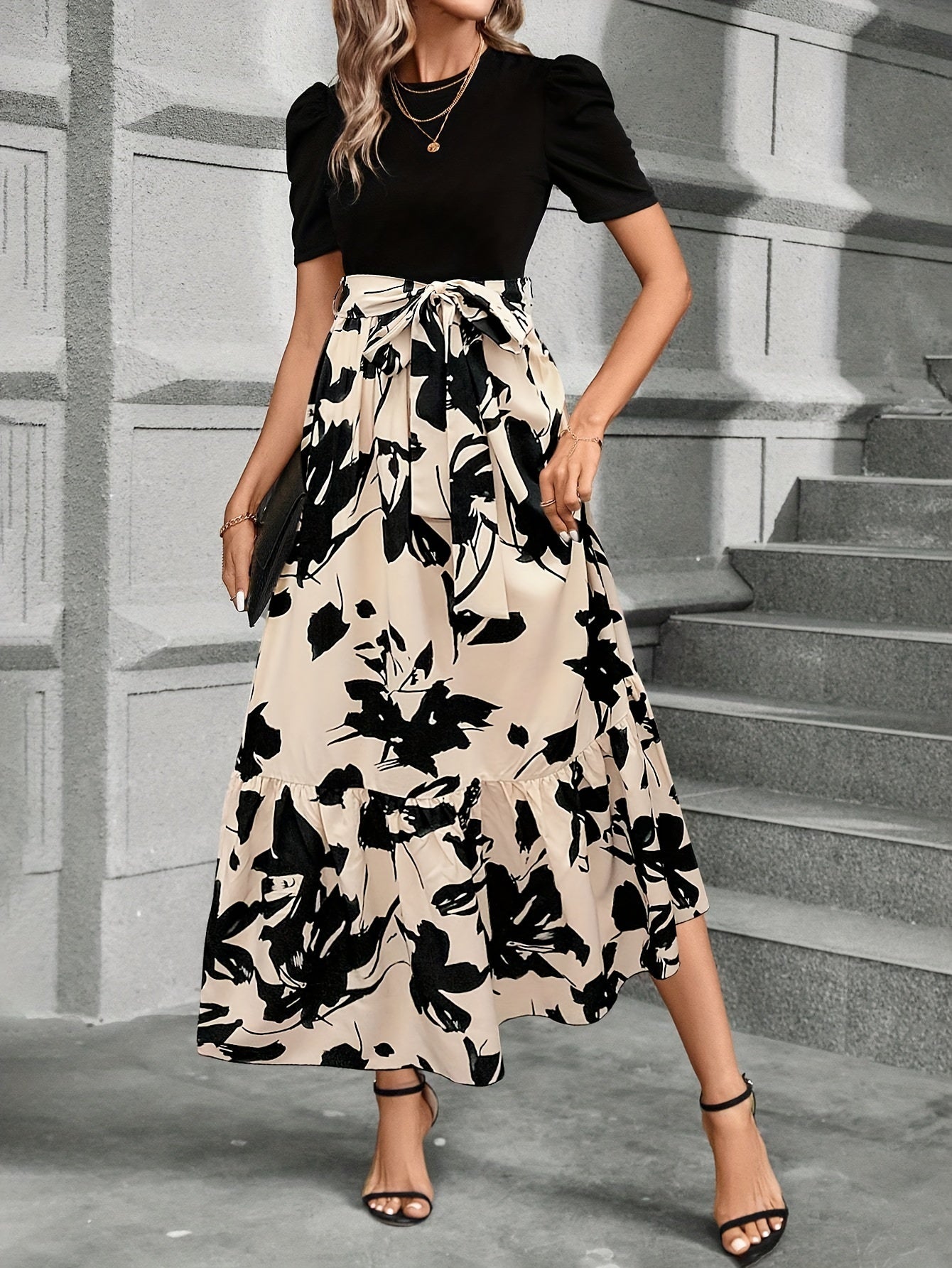 Floral Print Crew Neck Dress, Elegant Short Sleeve Tie Waist