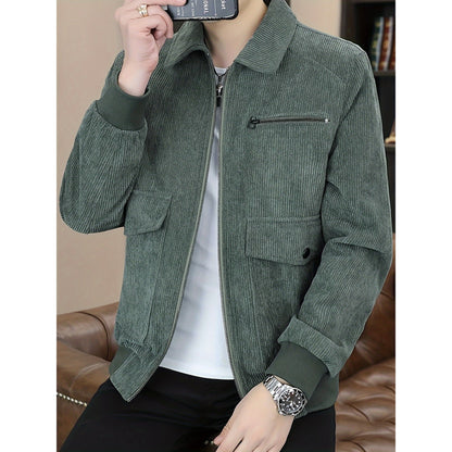 Men's Casual Flap Pocket Jacket, Chic Corduroy Lapel Jacket