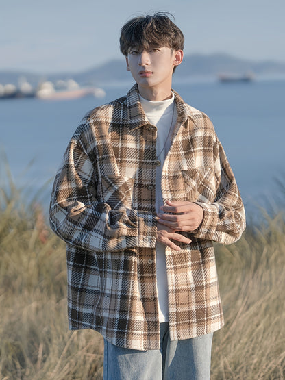 [Temujin & Artsman] Plaid Shirt Men'S Spring And Autumn Japanese Style Lapel Jacket Autumn Men'S Woolen Coat Men'S