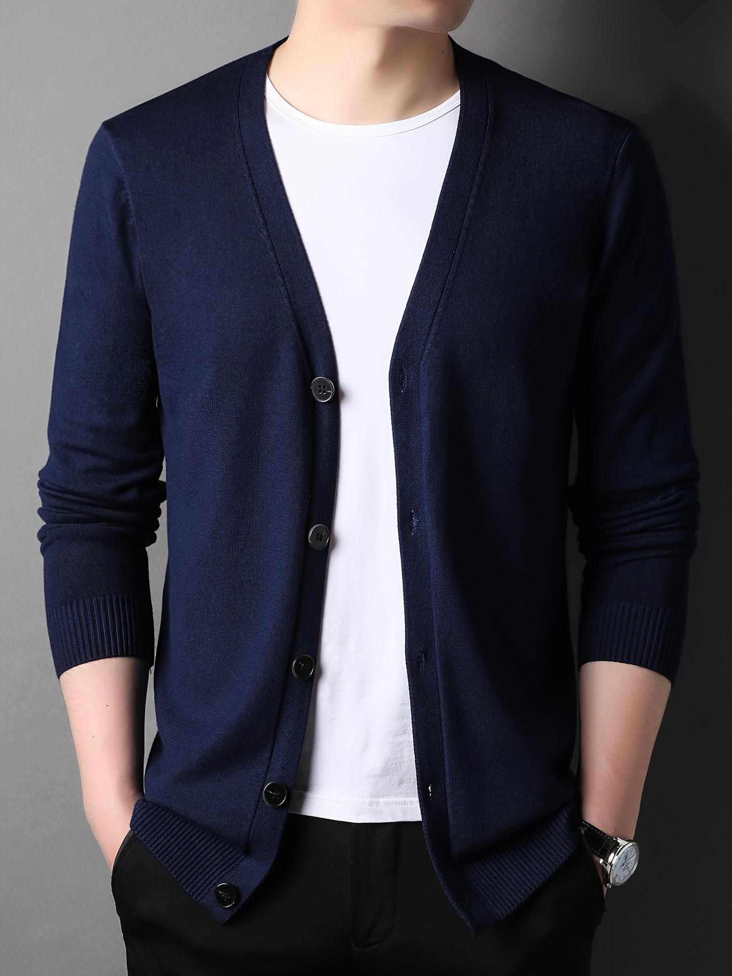 Men's Casual Knit Cardigan - Solid Color, Button-Up V-Neck Jacket For Fall/Winter, Machine Washable