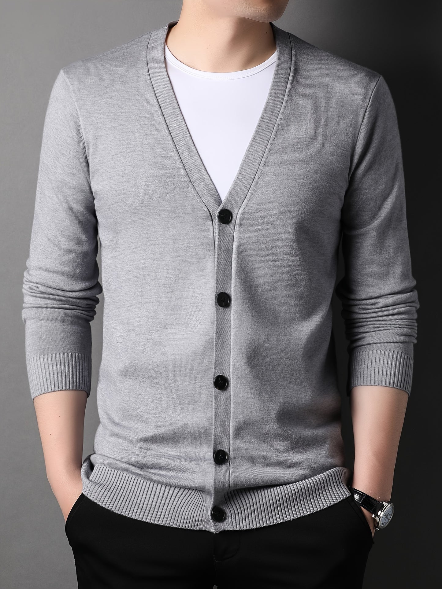 Men's Casual Knit Cardigan - Solid Color, Button-Up V-Neck Jacket For Fall/Winter, Machine Washable