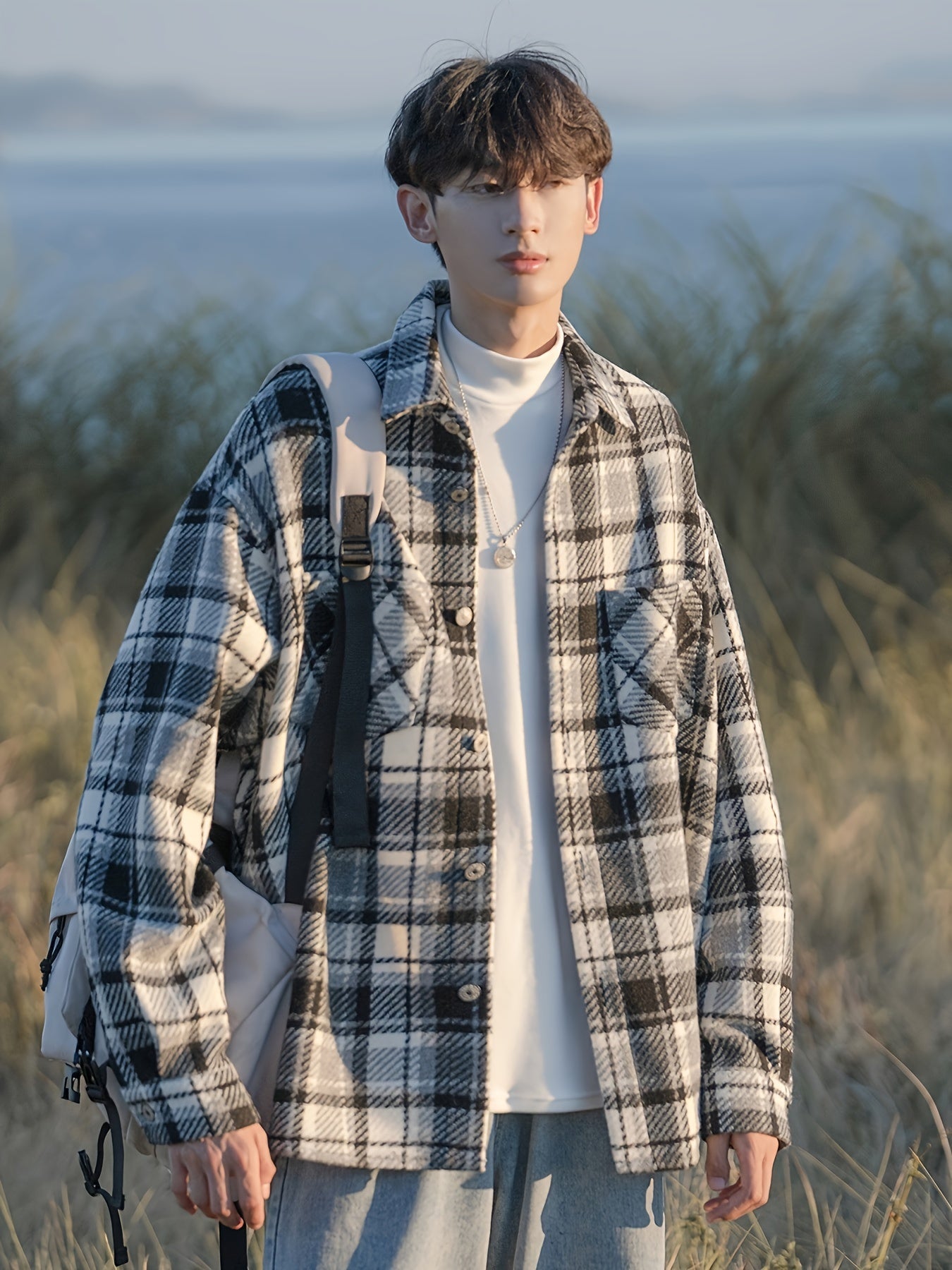 [Temujin & Artsman] Plaid Shirt Men'S Spring And Autumn Japanese Style Lapel Jacket Autumn Men'S Woolen Coat Men'S