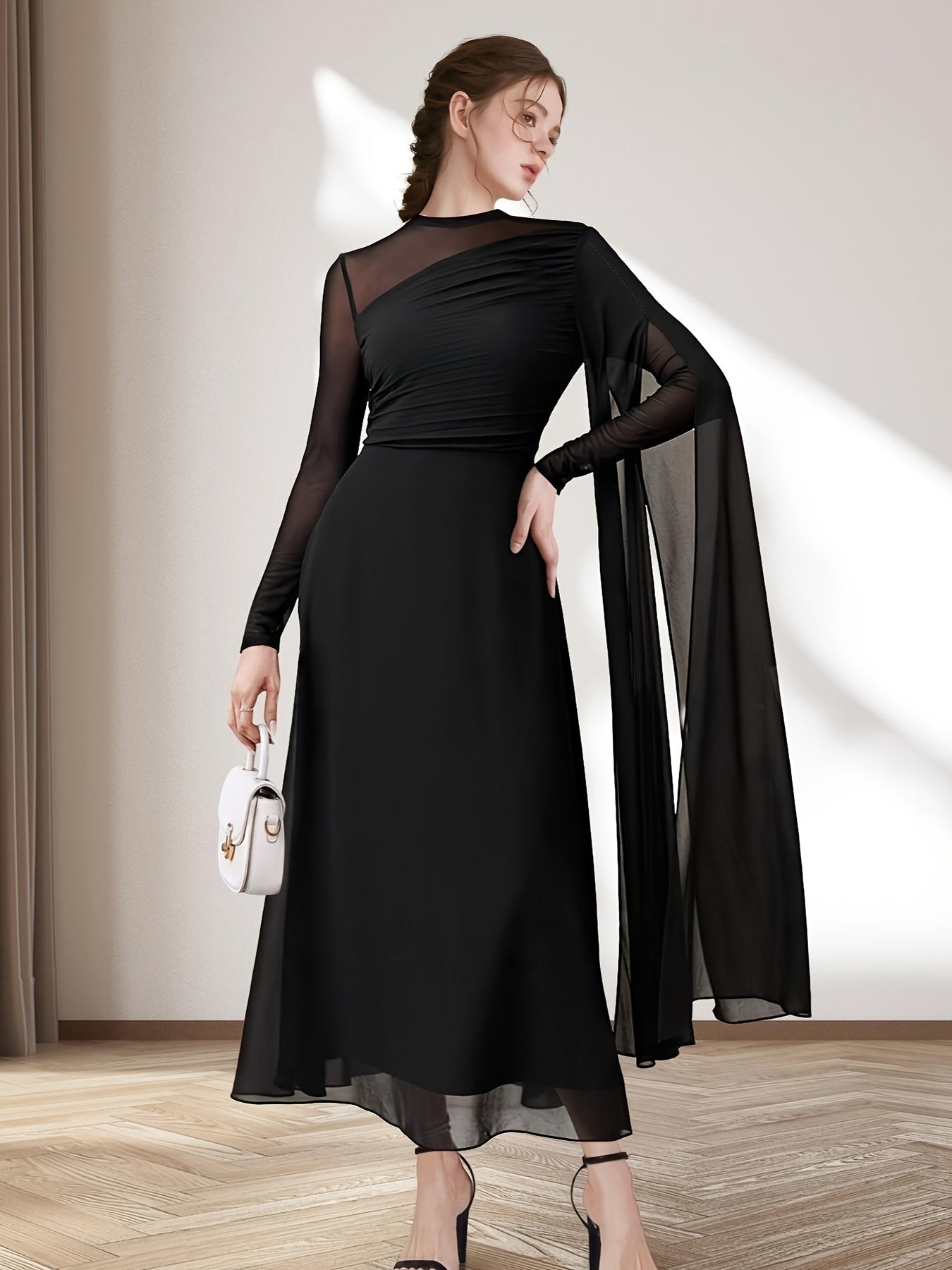 Ruched Asymmetrical Crew Neck Swing Dress, Elegant Long Sleeve