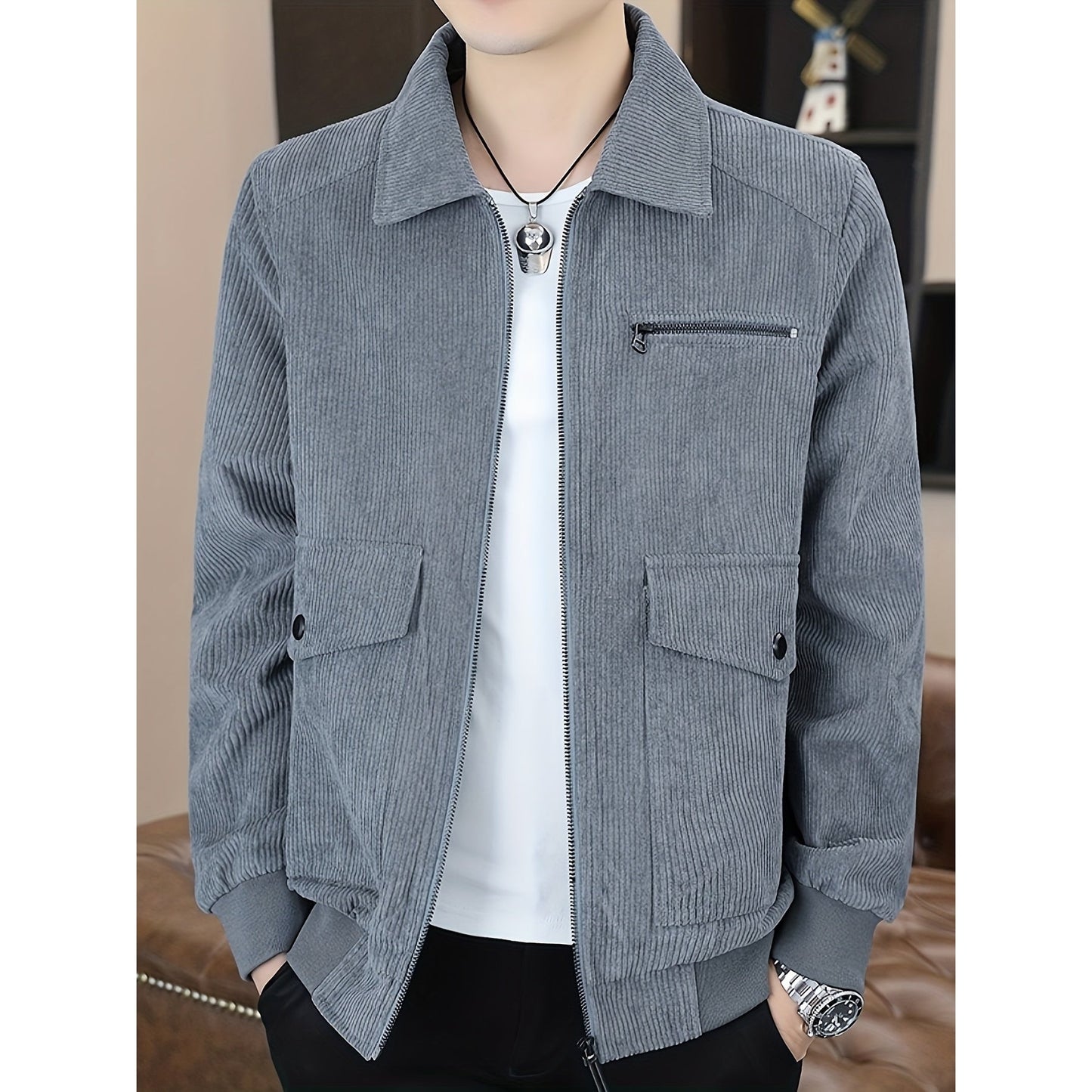 Men's Casual Flap Pocket Jacket, Chic Corduroy Lapel Jacket