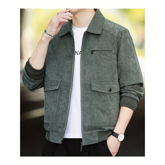 Men's Casual Flap Pocket Jacket, Chic Corduroy Lapel Jacket