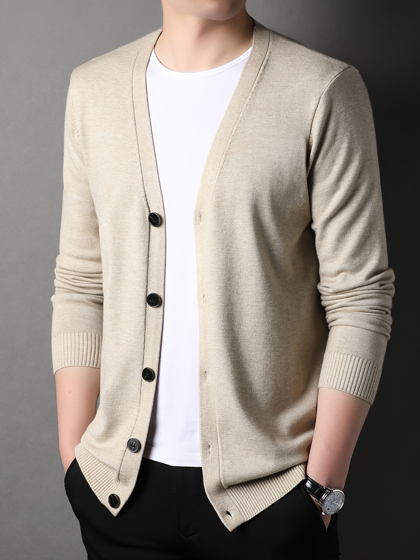 Men's Casual Knit Cardigan - Solid Color, Button-Up V-Neck Jacket For Fall/Winter, Machine Washable