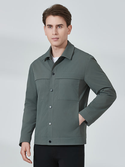 Men's Solid Jacket With Pockets, Casual Button Up Lapel Long Sleeve Jacket For Outdoor