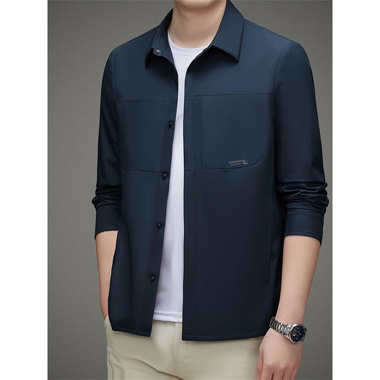 Men's Solid Jacket, Formal Lapel Zip Up Long Sleeve Outwear For Spring Fall