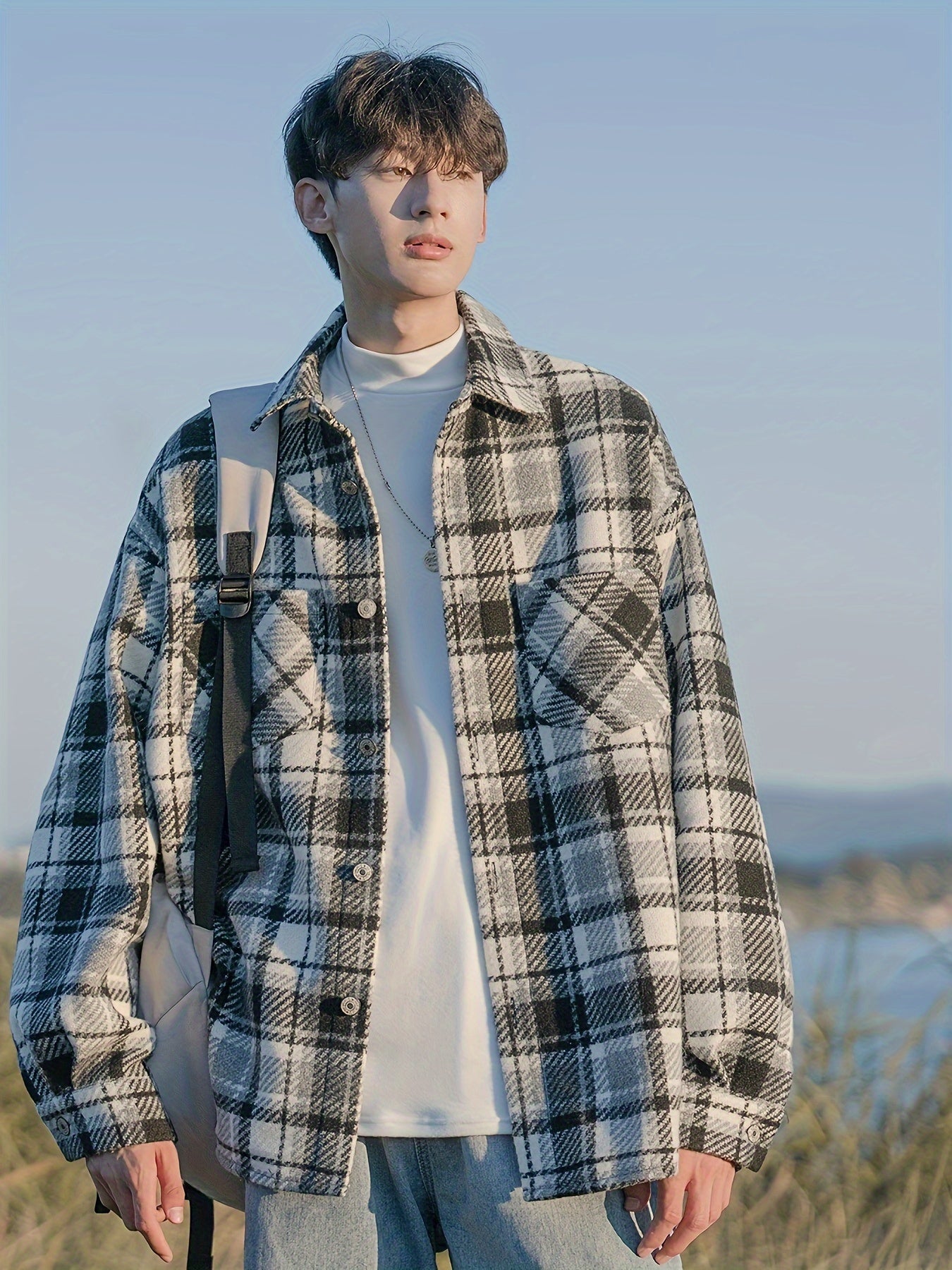 [Temujin & Artsman] Plaid Shirt Men'S Spring And Autumn Japanese Style Lapel Jacket Autumn Men'S Woolen Coat Men'S