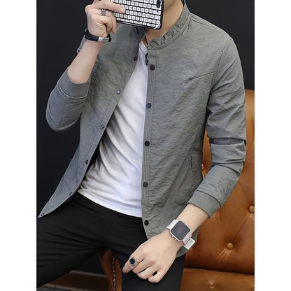 Men's Casual Polyester Stand Collar Jacket - Spring/Autumn Skinny Fit Solid Color